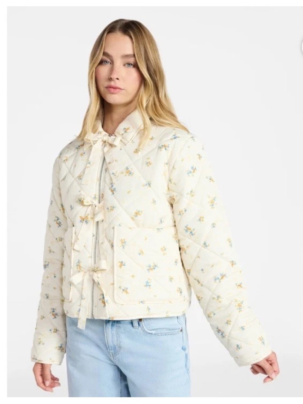 No Boundaries Jacket Girls Juniors Large Floral Print Quilted Bow Ties Yellow